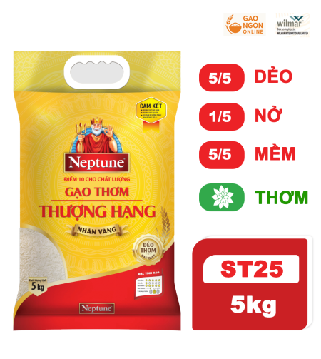 Gạo Dẻo Thơm Thượng Hạng Neptune Nhãn Vàng – Túi 5kg